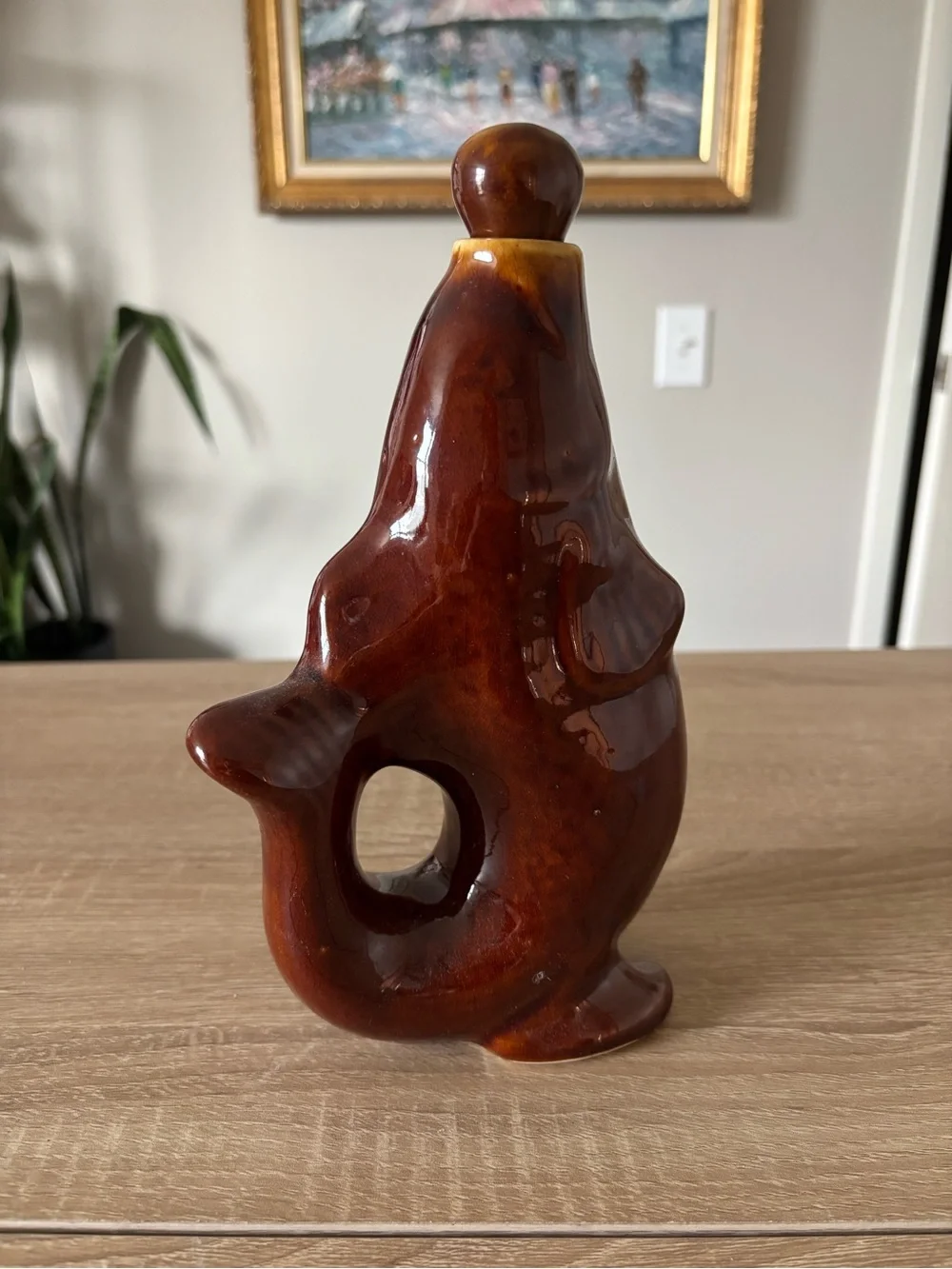 Vintage Handmade Brown Ceramic Fish Decanter with Stopper